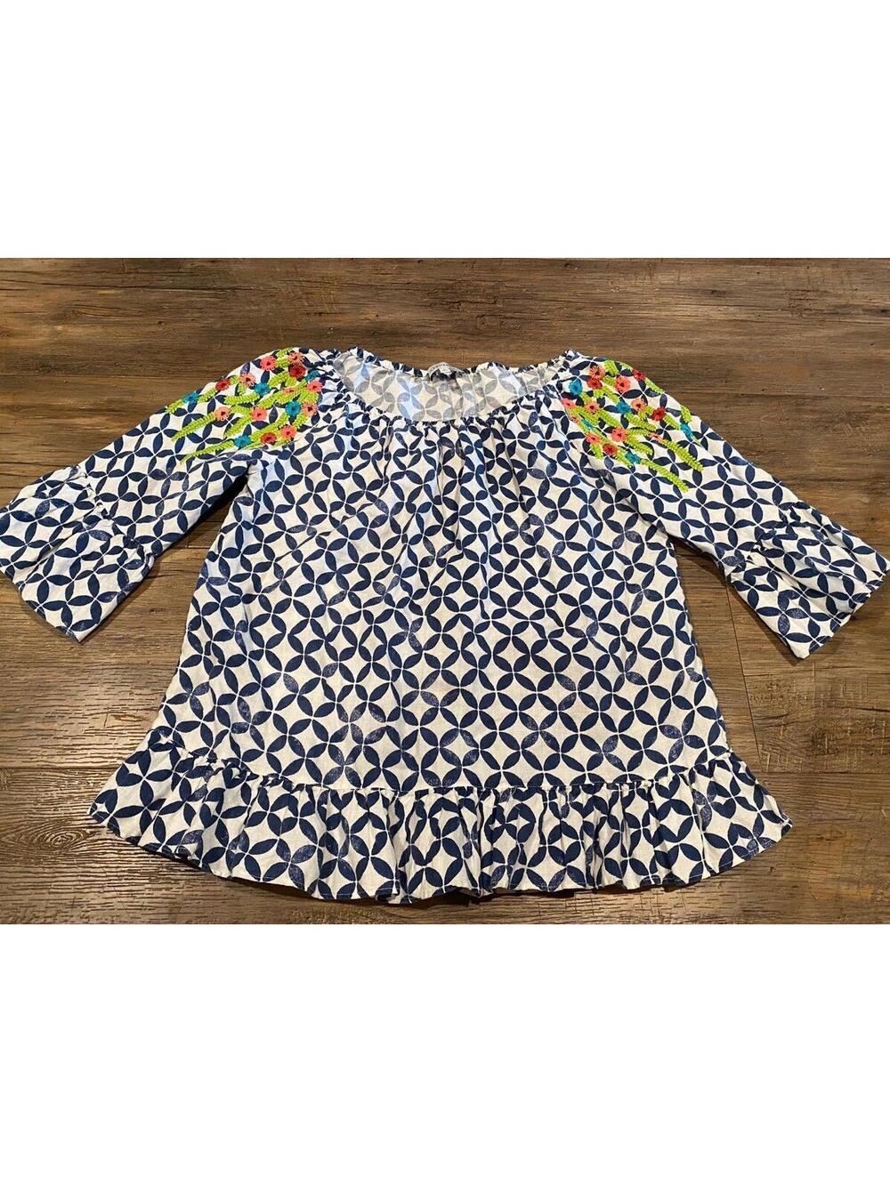 John Mark Women's Floral Embroidery Checkered Blue Blouse sz Sm EUC
